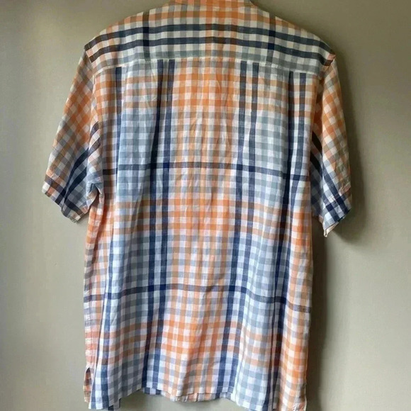 Tommy Bahama Relax LINEN Shirt Mens size L Short Sleeve Orange Blue Plaid - Picture 3 of 8